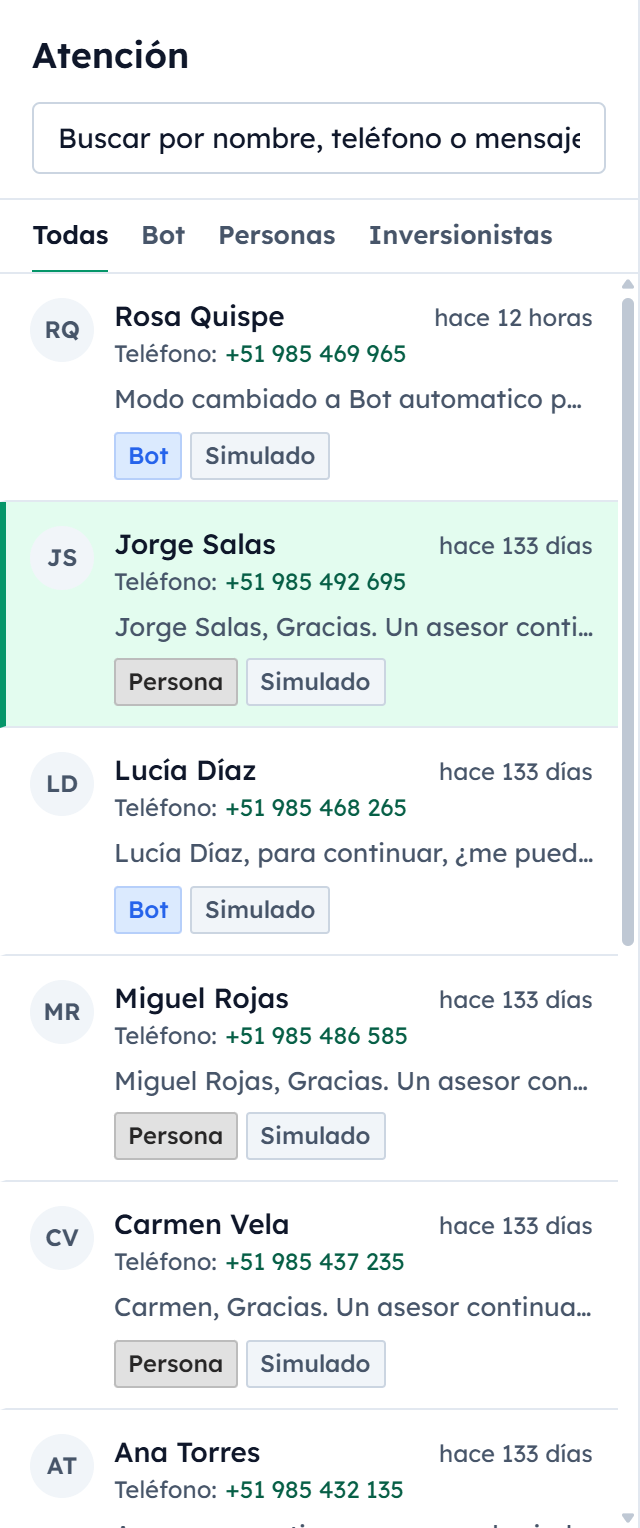 Bandeja de conversaciones con solicitudes atendidas por el bot